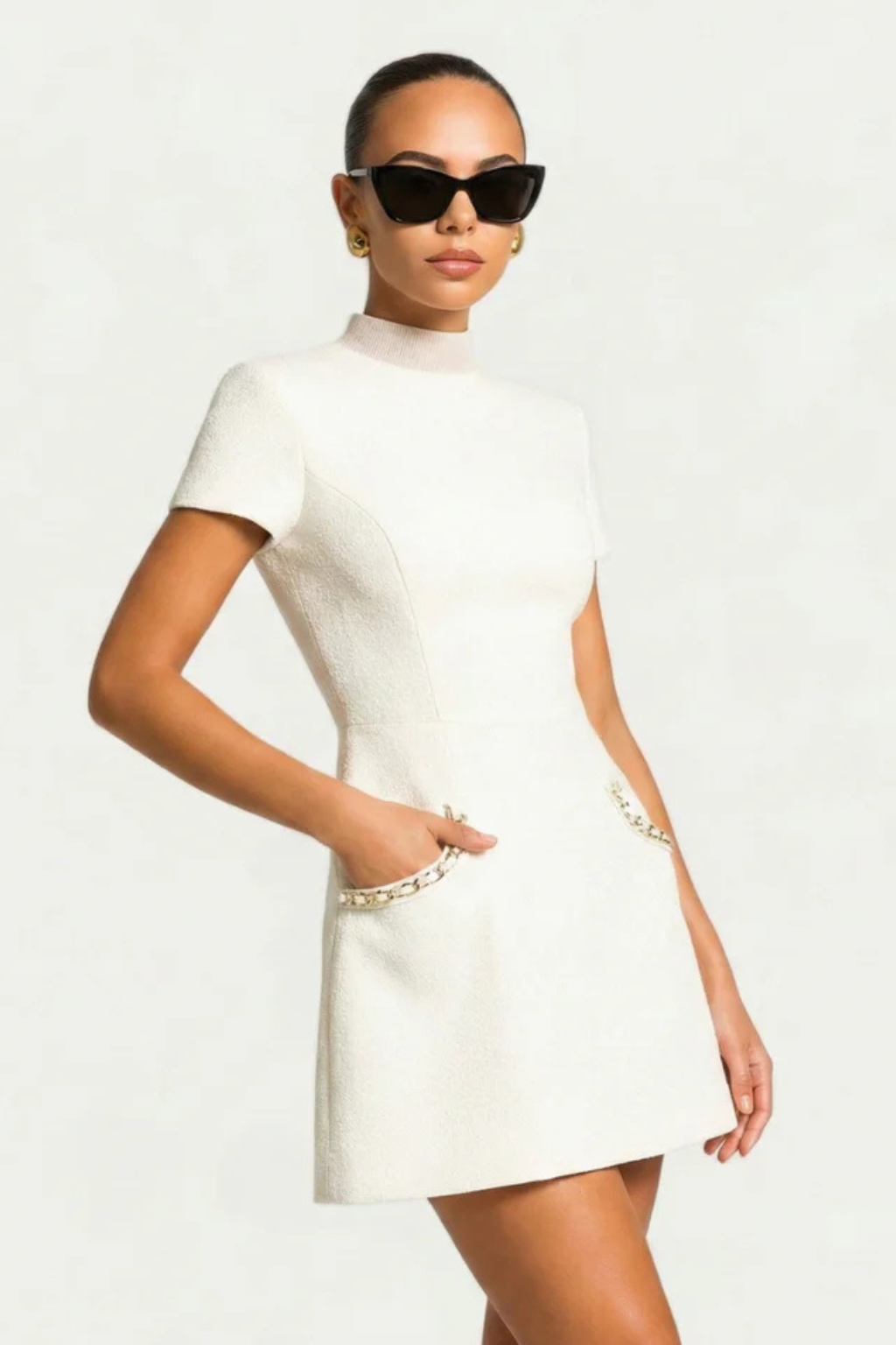Andrea - Women's Pearl-Trimmed Mock Neck Mini Dress