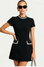 Andrea - Women's Pearl-Trimmed Mock Neck Mini Dress