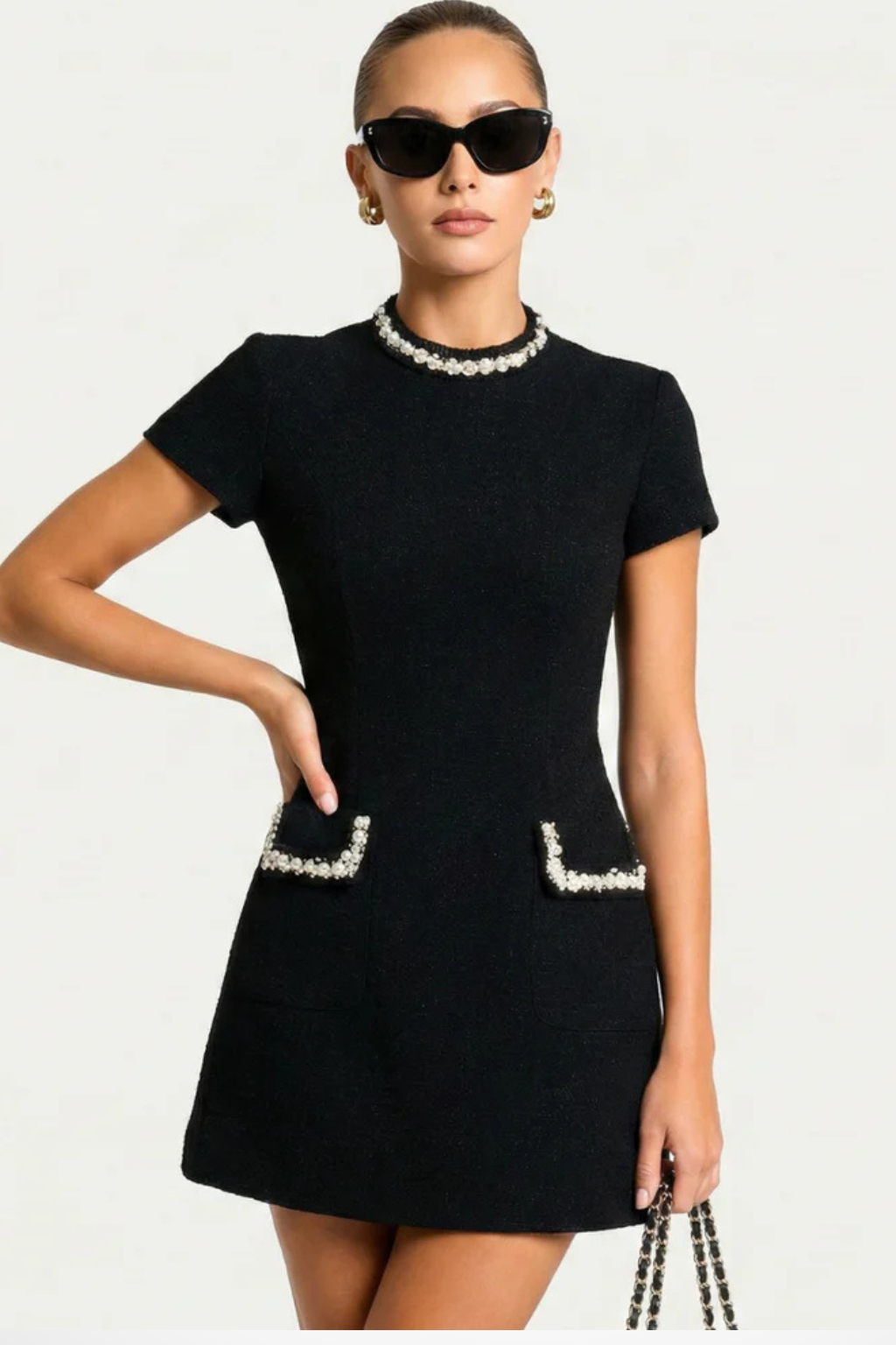 Andrea - Women's Pearl-Trimmed Mock Neck Mini Dress