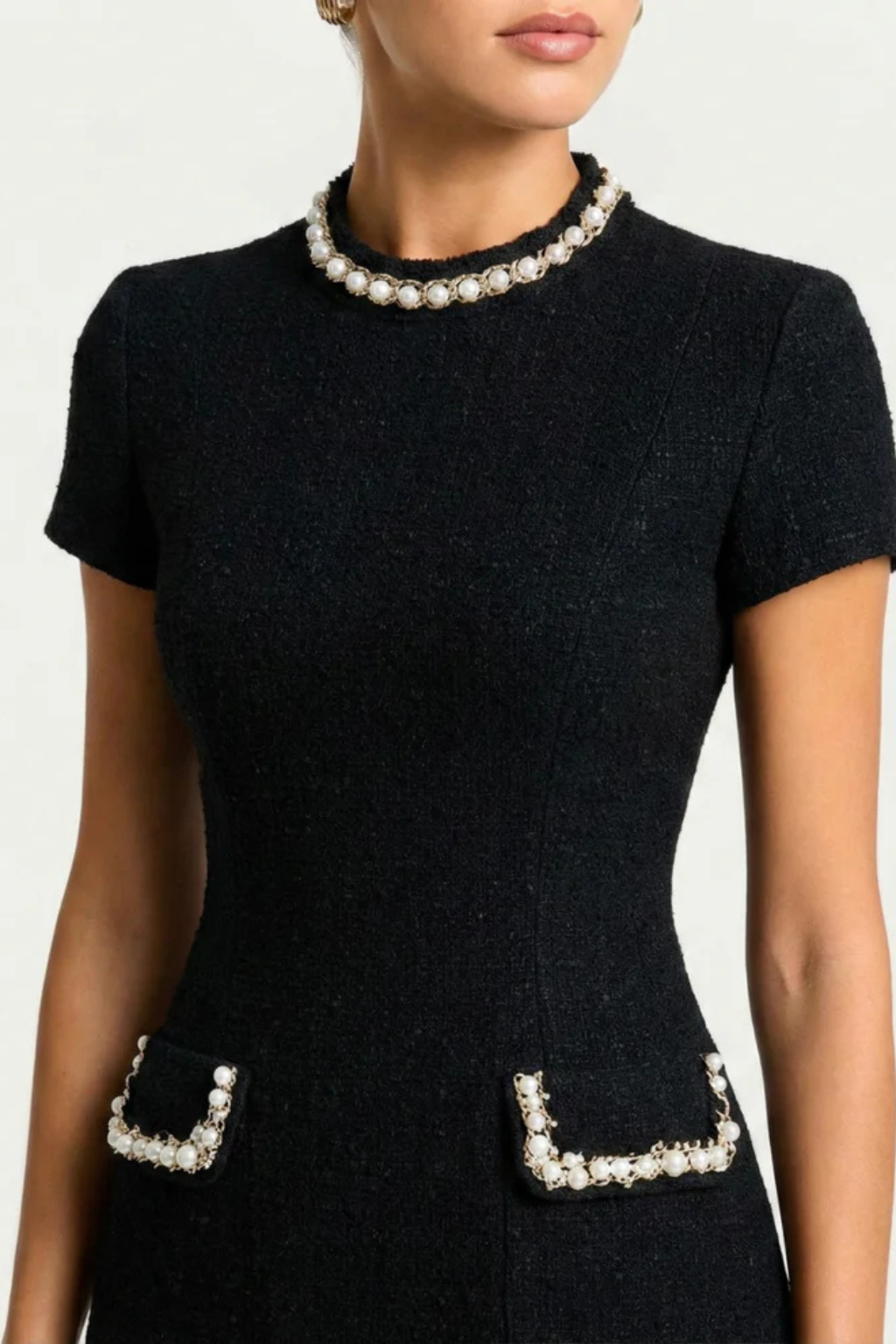 Andrea - Women's Pearl-Trimmed Mock Neck Mini Dress