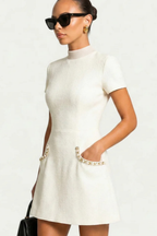 Andrea - Women's Pearl-Trimmed Mock Neck Mini Dress