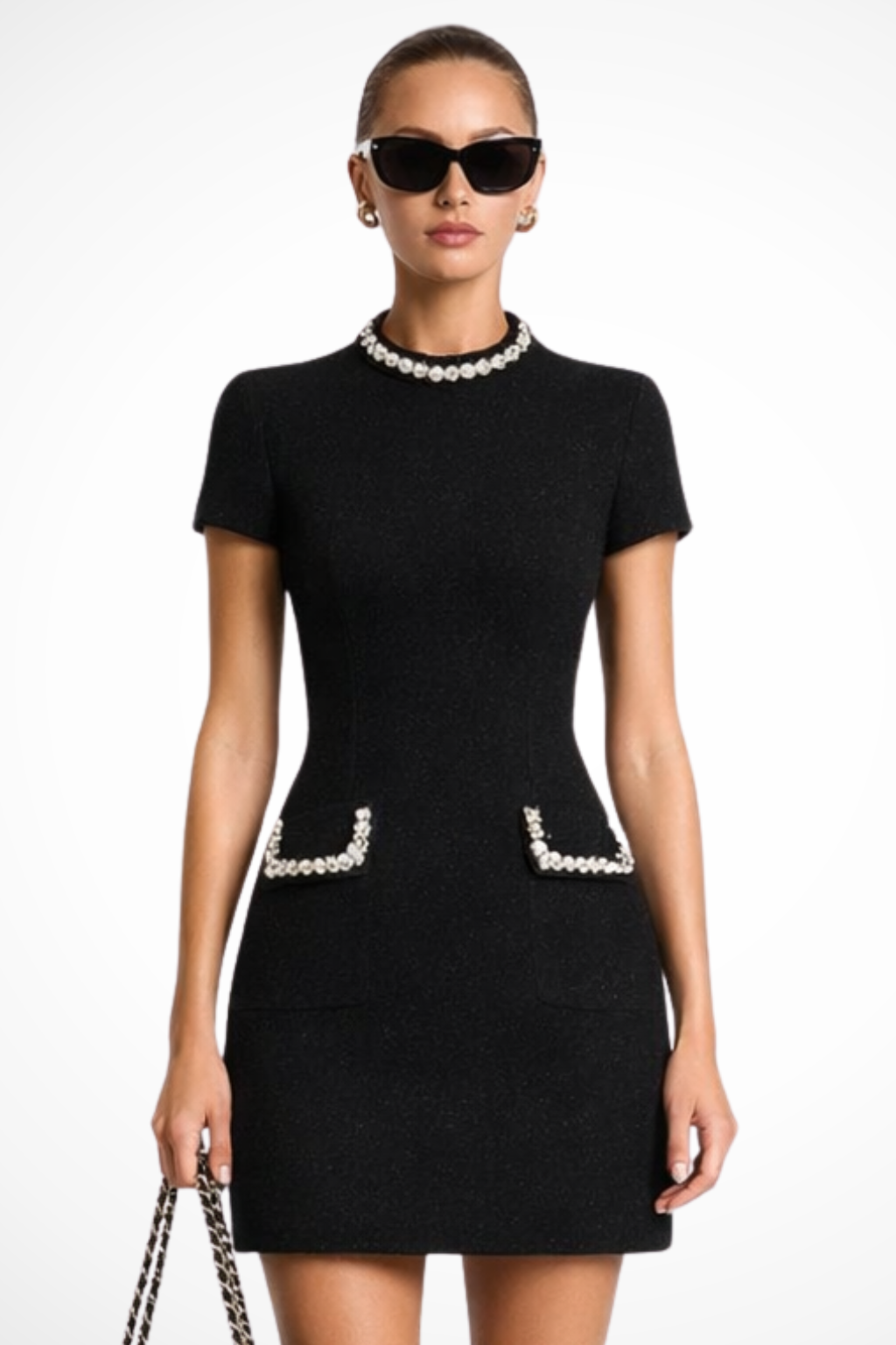 Andrea - Women's Pearl-Trimmed Mock Neck Mini Dress