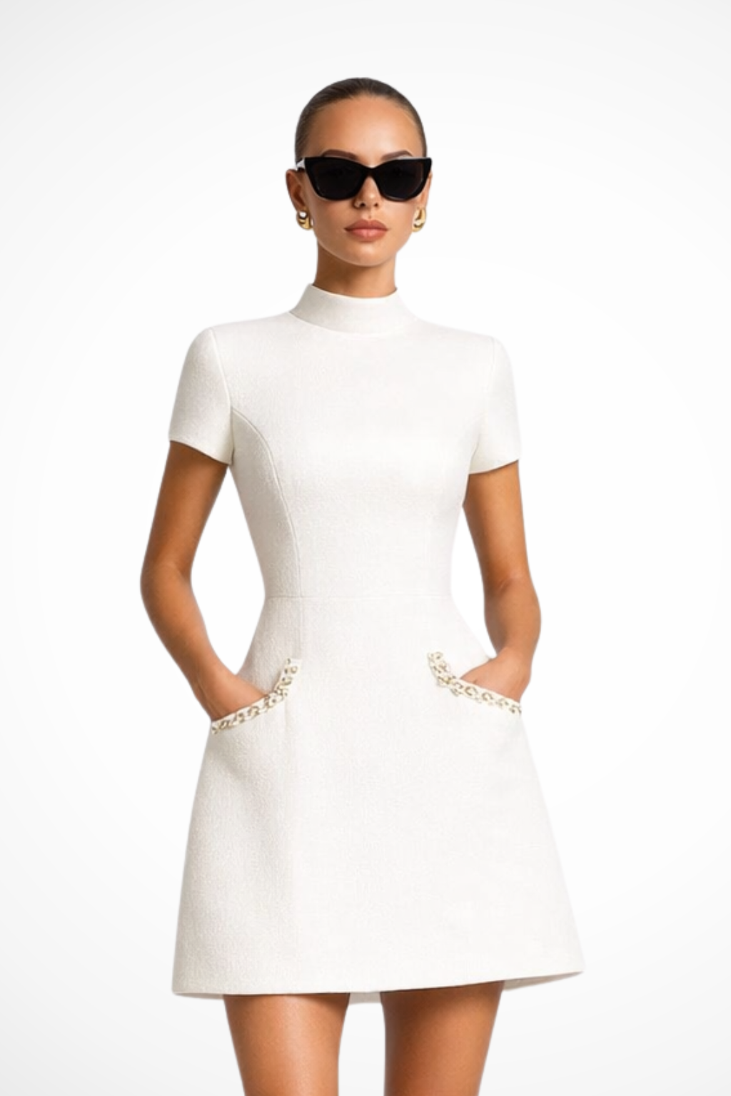 Andrea - Women's Pearl-Trimmed Mock Neck Mini Dress