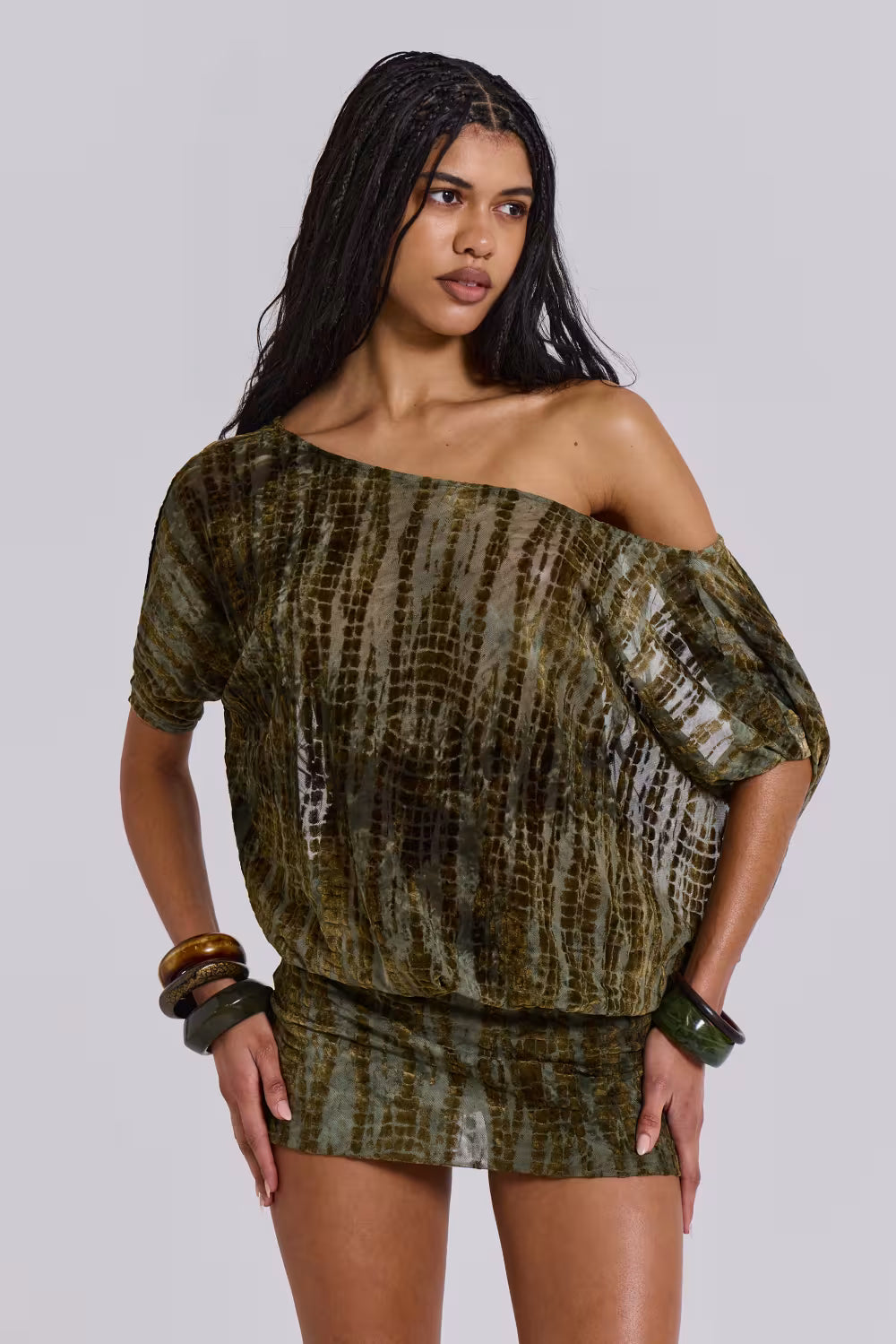 Cynthia - Tie-Dye Print Off-Shoulder Blouson Mini Dress