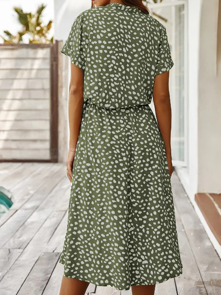 Elizabeth - Women's Animal Print Short Sleeve Midi Shirt Dress
