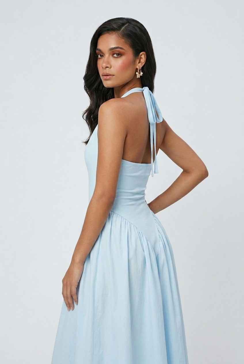 Light Blue Midi Cocktail Dress for Women – Soft Elegant Fit for Weddings & Summer Events