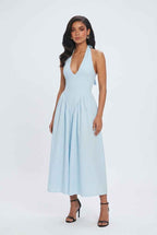 Light Blue Midi Cocktail Dress for Women – Soft Elegant Fit for Weddings & Summer Events