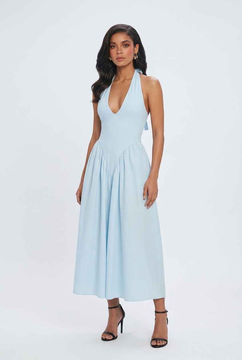Light Blue Midi Cocktail Dress for Women – Soft Elegant Fit for Weddings & Summer Events