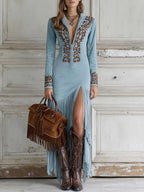Tiffany - Women's Fringe Hem Maxi Dress with Embroidered Detail