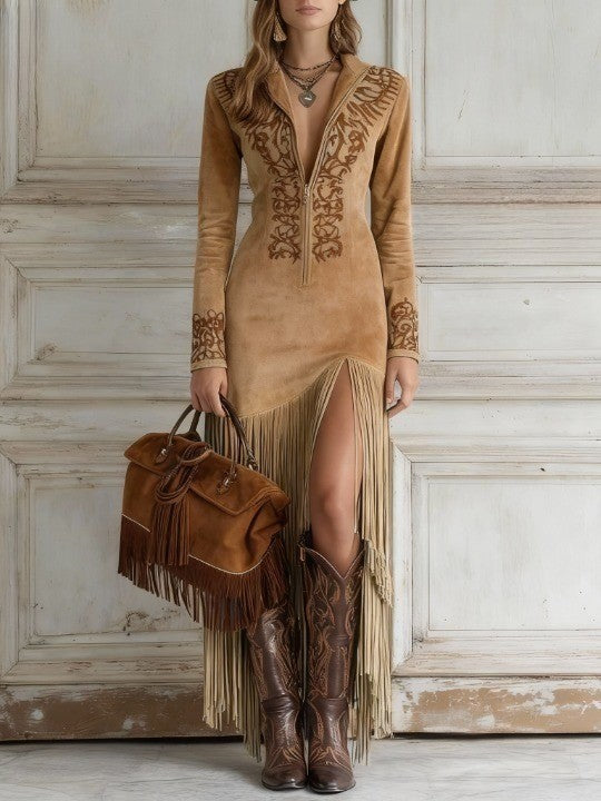 Tiffany - Women's Fringe Hem Maxi Dress with Embroidered Detail