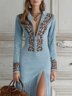 Tiffany - Women's Fringe Hem Maxi Dress with Embroidered Detail