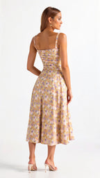 MARGARETHA - Floral Satin Corset Midi Dress with Front Split