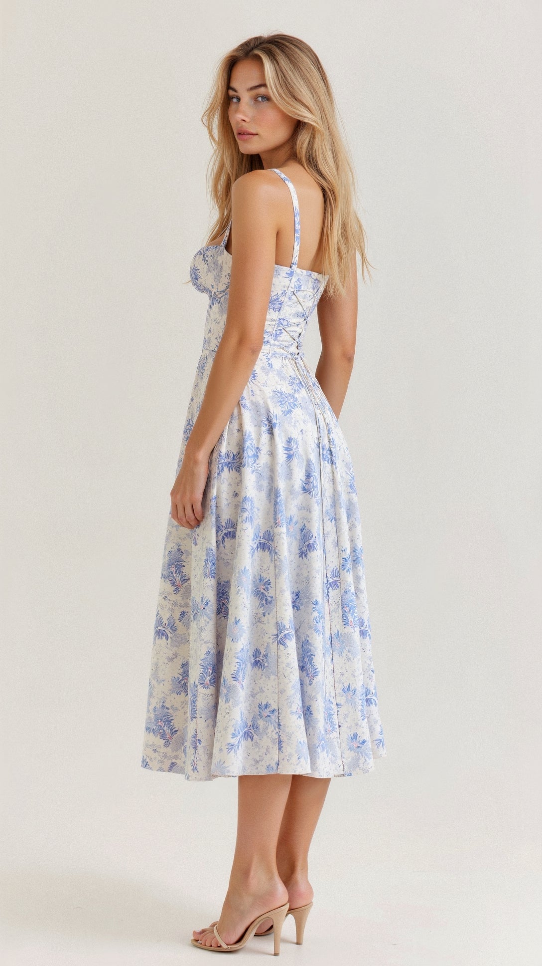 MARGARETHA - Floral Satin Corset Midi Dress with Front Split