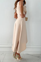MINA - Asymmetric Wrap Midi Dress with V-Neck & Ruffle Hem