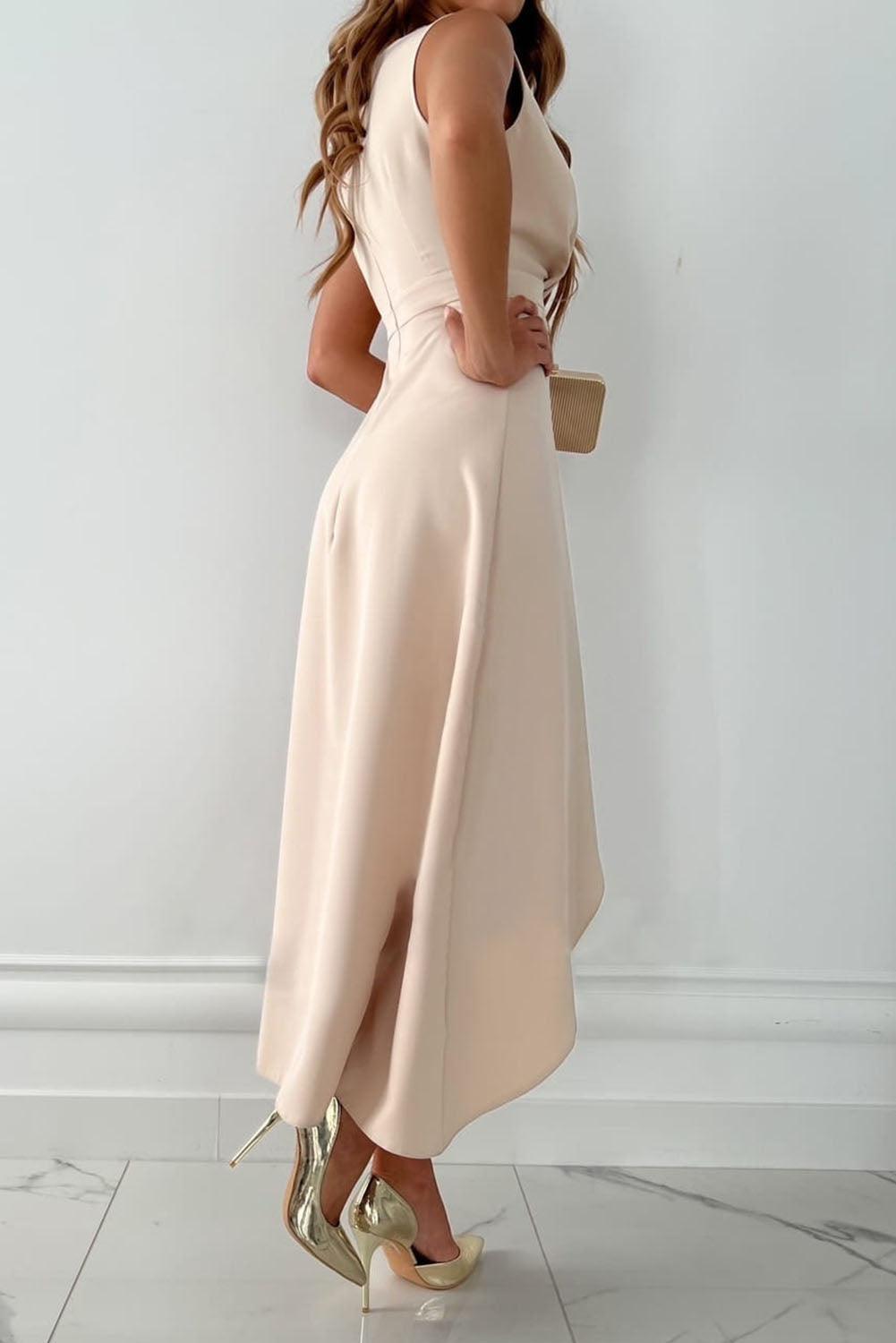 MINA - Asymmetric Wrap Midi Dress with V-Neck & Ruffle Hem