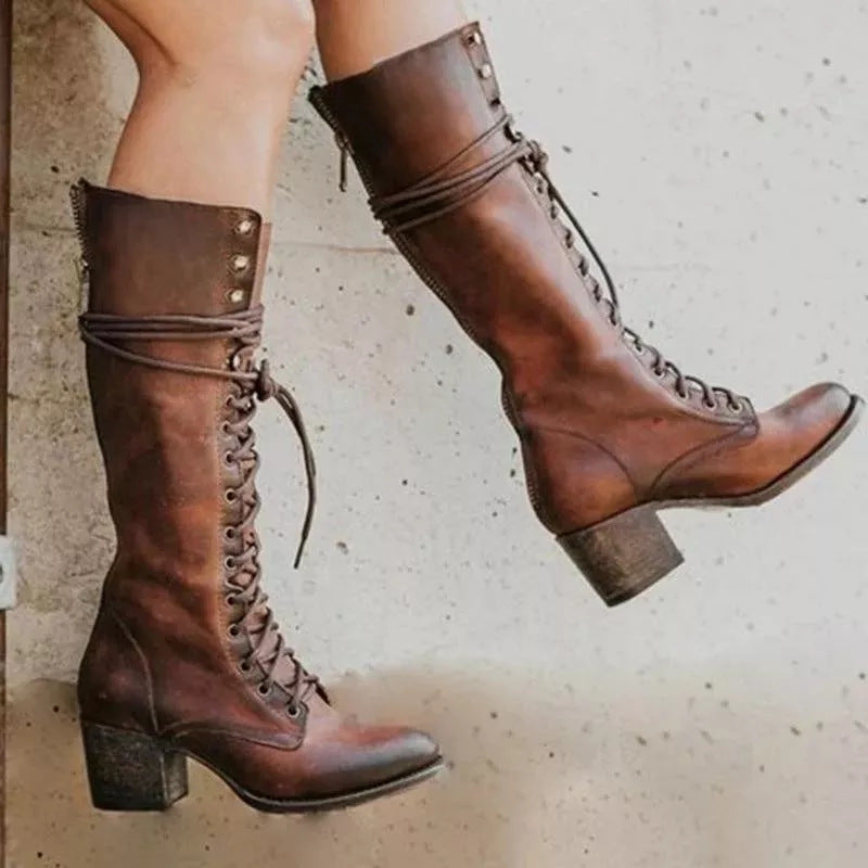 Amelia - Women's Lace Up Knee High Boots with Block Heel