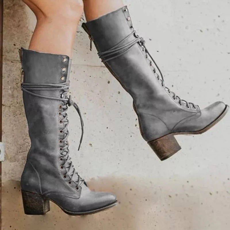 Amelia - Women's Lace Up Knee High Boots with Block Heel