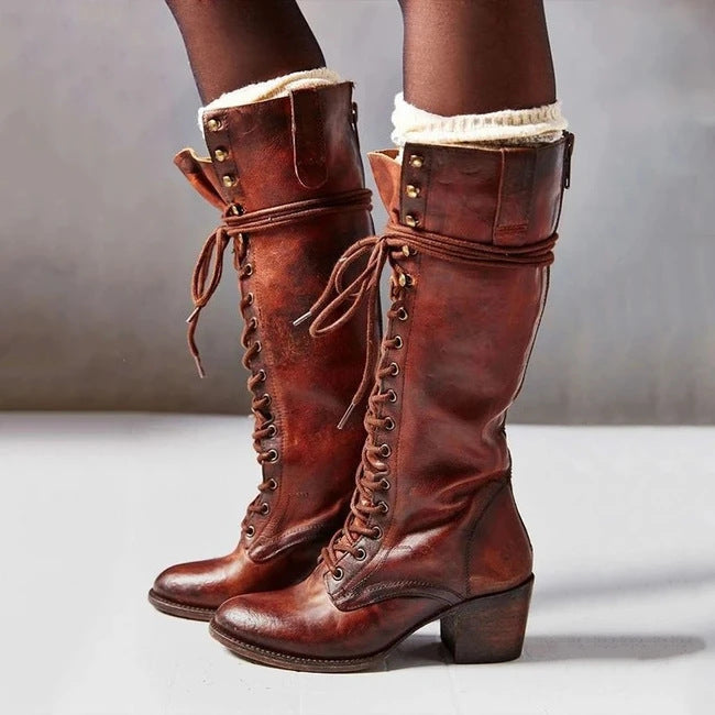 Amelia - Women's Lace Up Knee High Boots with Block Heel