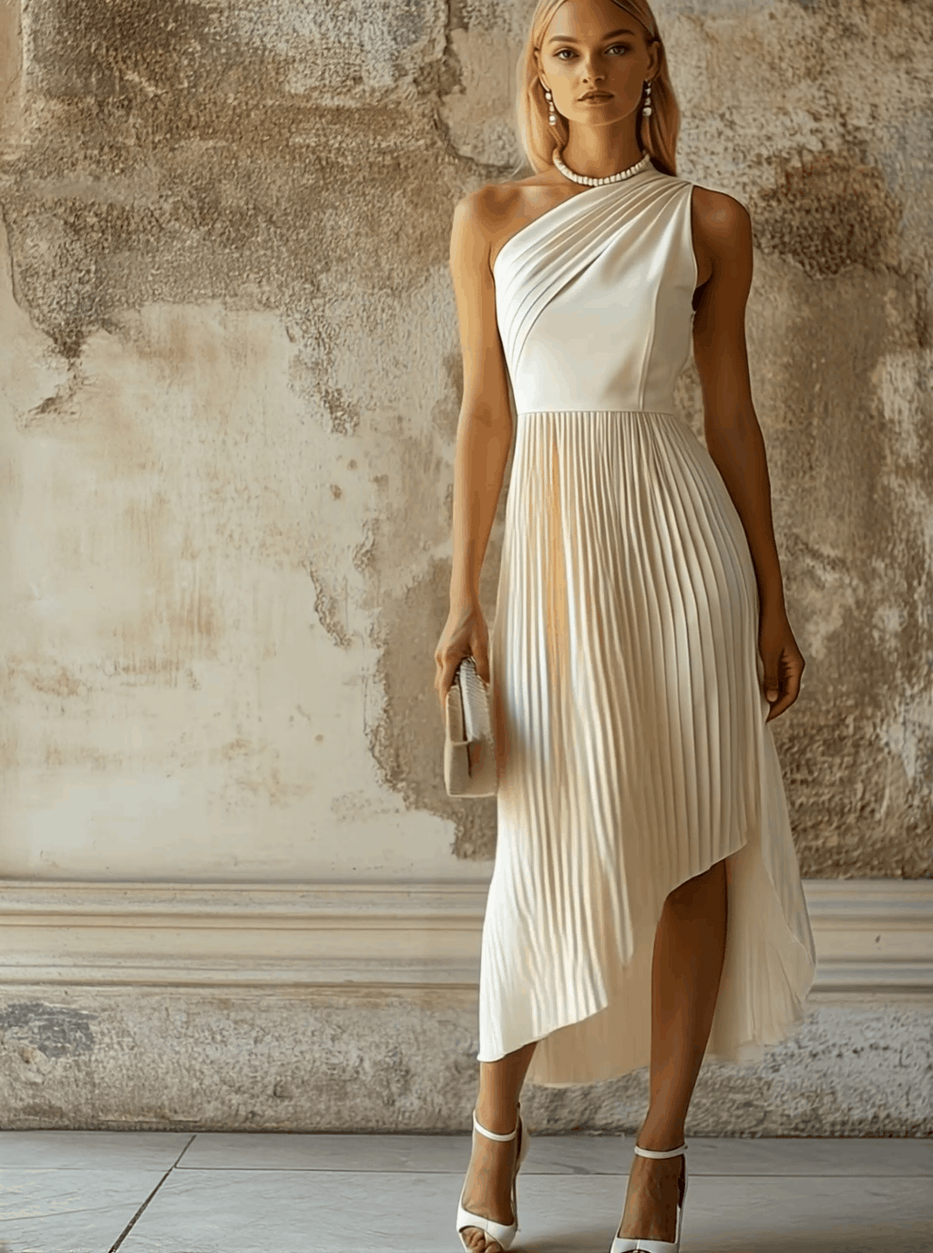 Fiona | Elegant Evening Gown White Pleated Sleeveless Midi Dress