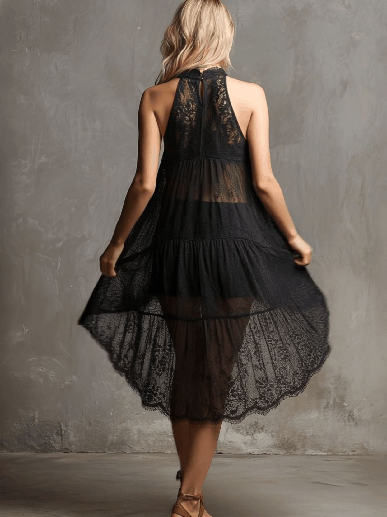 Bohemian Resort Black Lace Sleeveless A-line Mini Dress