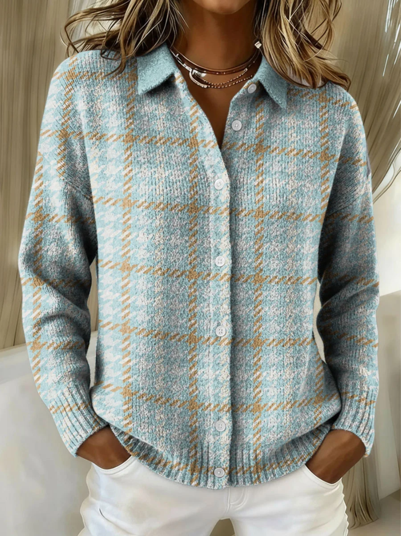 Clara | Sky Plaid Button-Front Knit Cardigan 1