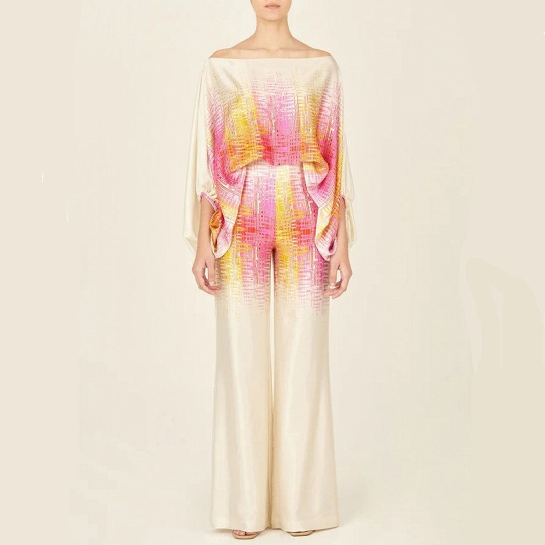 Emma - Wave Print Satin One-Shoulder Top & Wide-Leg Pants Set