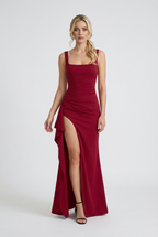 Red Square Neck Dress with Slit - Bold Snatched Fit