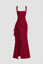 Red Square Neck Dress with Slit - Bold Snatched Fit