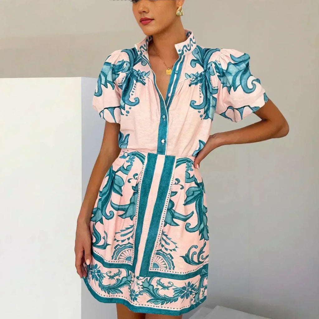 Women's Puff Sleeve Mini Dress with Floral Print and Relaxed Fit