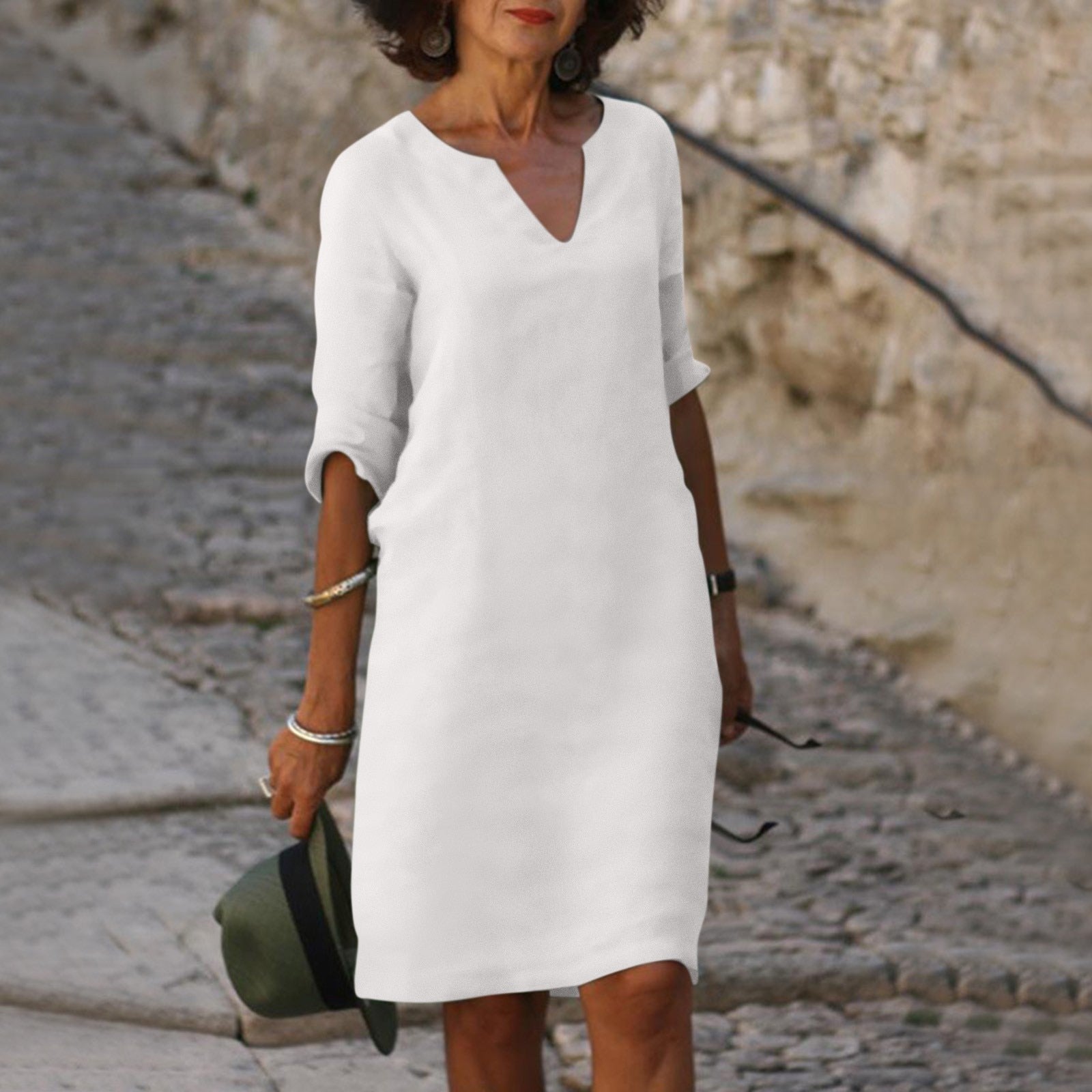 Jessica - Women's Split-Neck Linen Shift Dress with 3/4 Sleeves