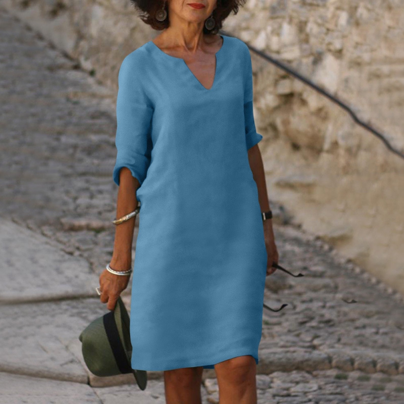 Jessica - Women's Split-Neck Linen Shift Dress with 3/4 Sleeves