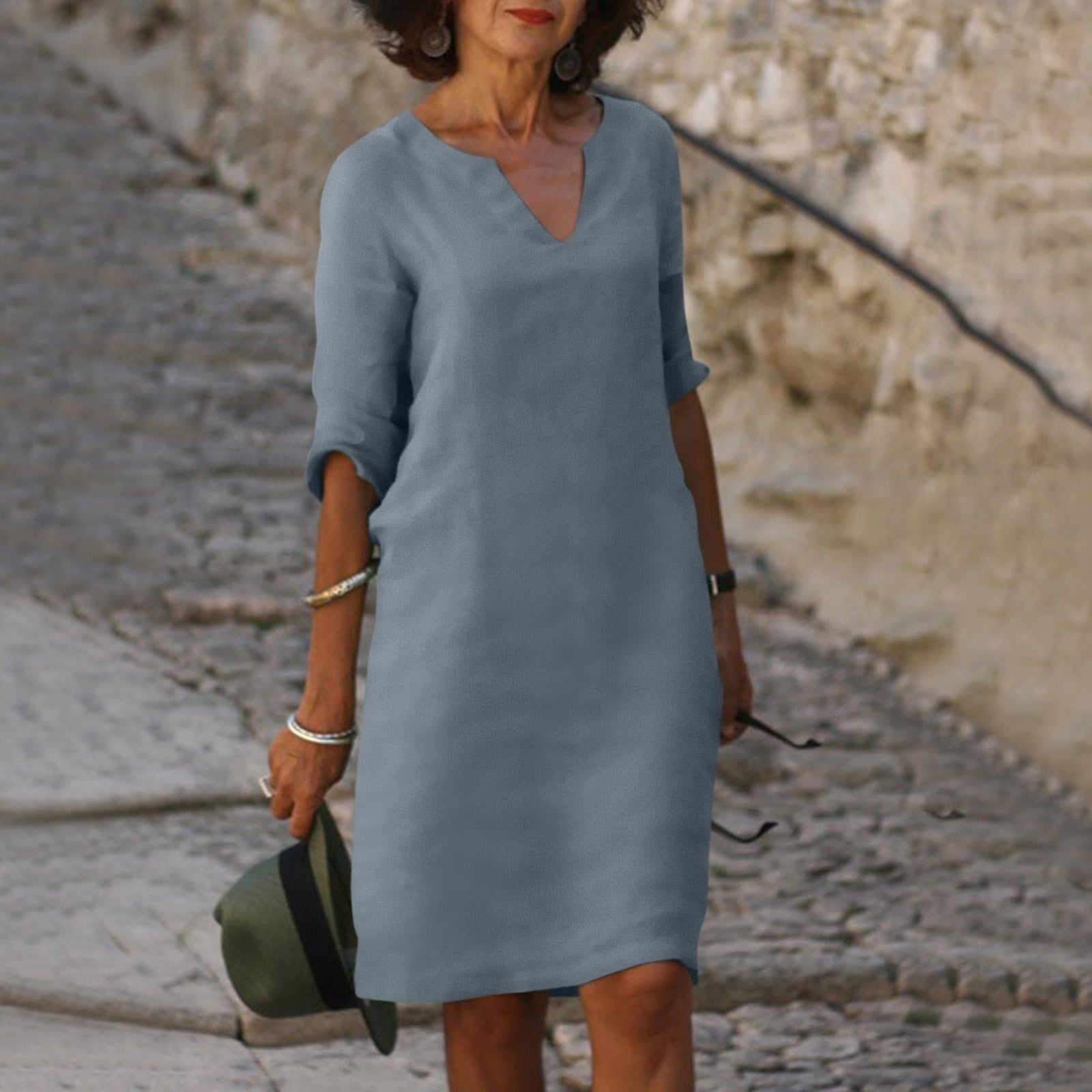 Jessica - Women's Split-Neck Linen Shift Dress with 3/4 Sleeves