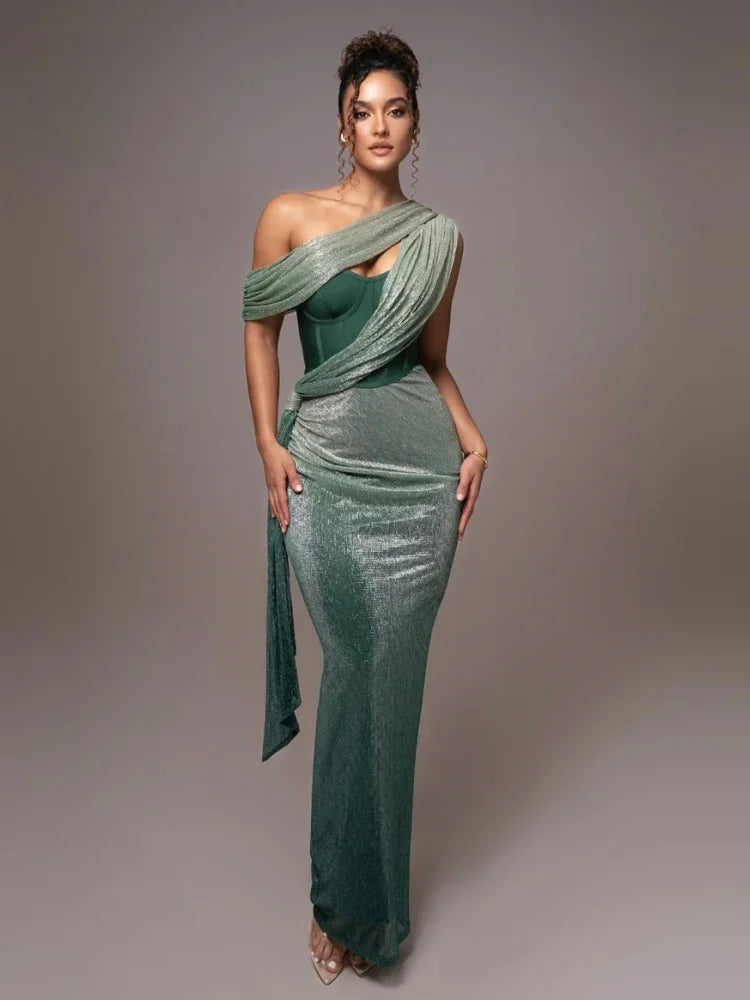 Carolyn - Women's One Shoulder Cutout Draped Bodycon Maxi Dress