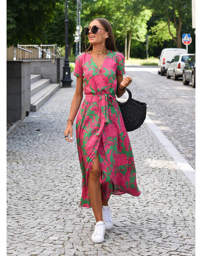 MALOU - Floral Print Short Sleeve Wrap Maxi Dress with Tie Waist