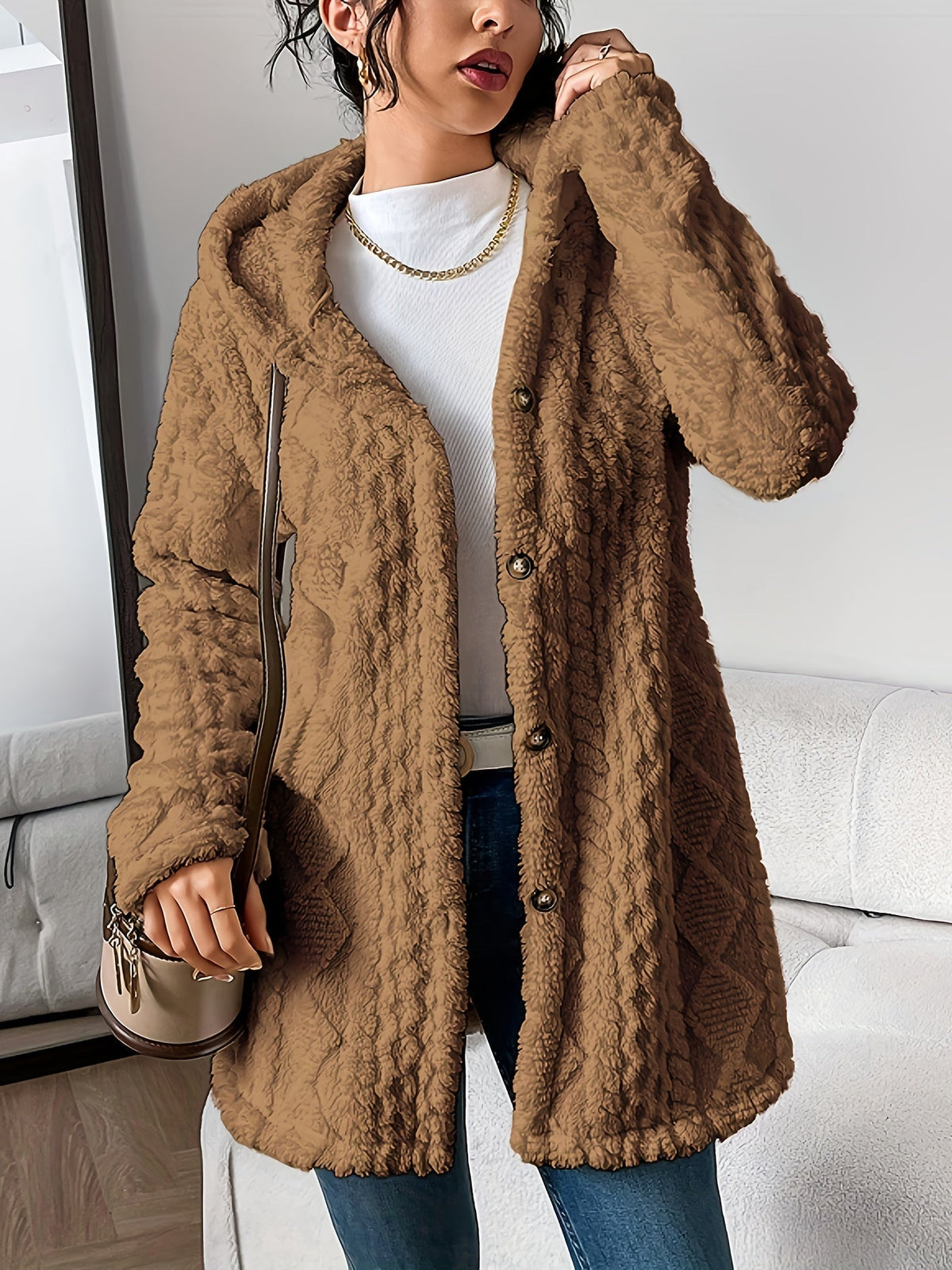 Brown view of longline cardigan