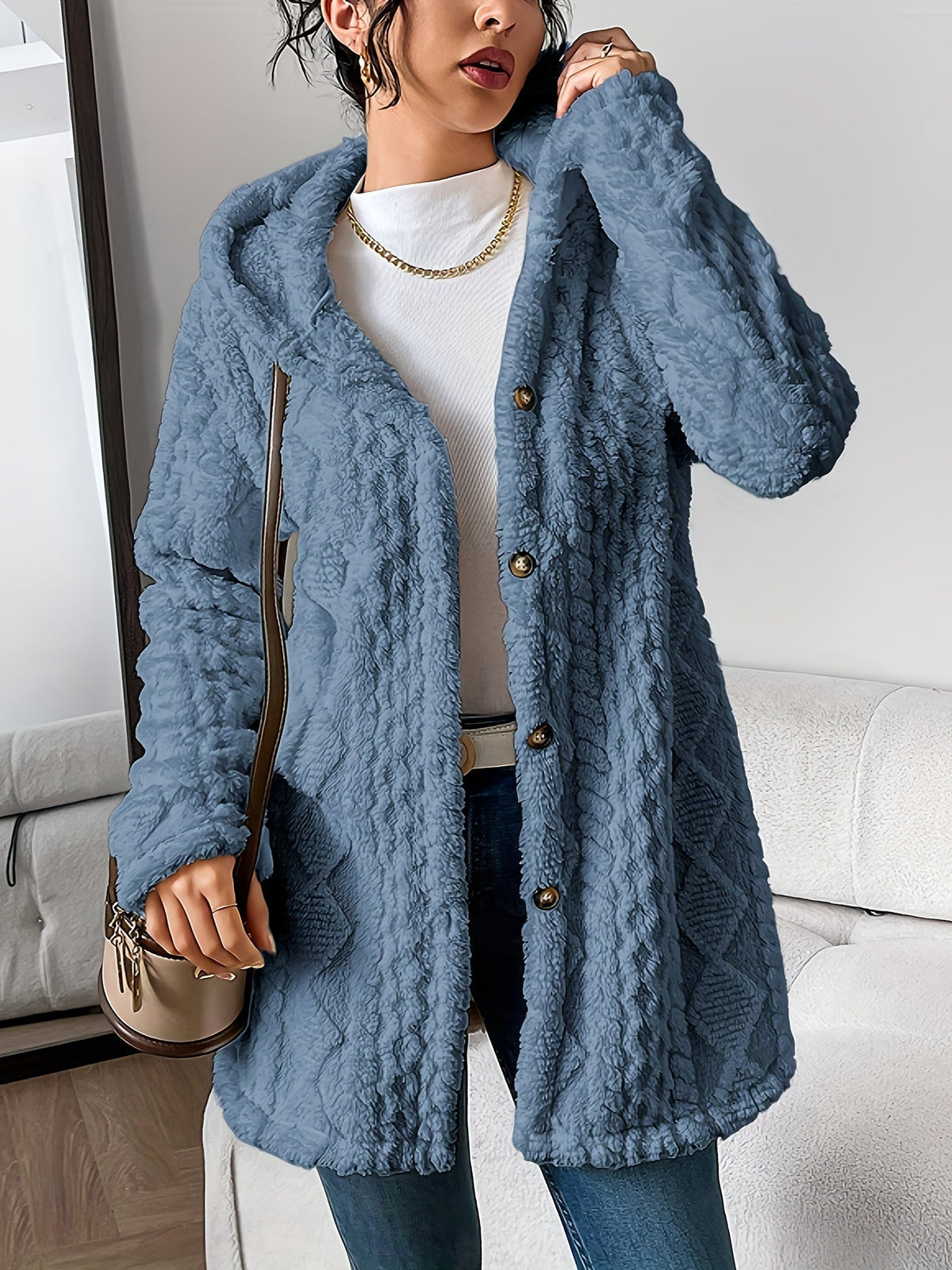 Gray blue view of longline cardigan