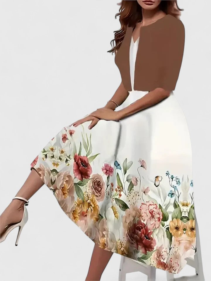 Margaret | Women’s Floral Three Quarter Sleeve A Line Midi Dress