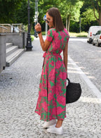 MALOU - Floral Print Short Sleeve Wrap Maxi Dress with Tie Waist