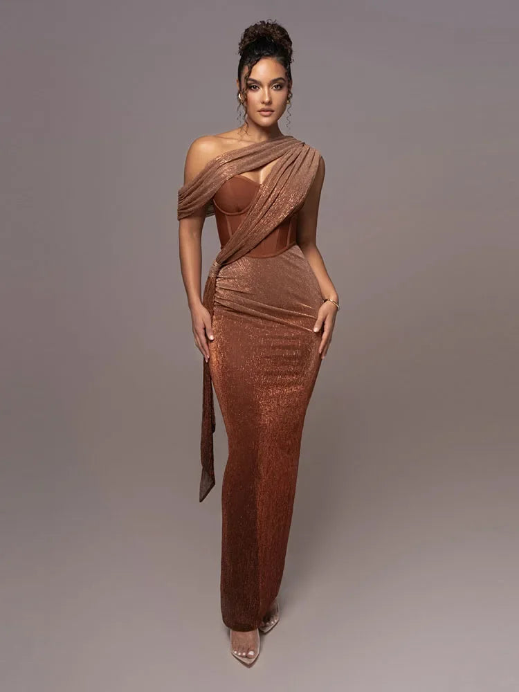 Carolyn - Women's One Shoulder Cutout Draped Bodycon Maxi Dress