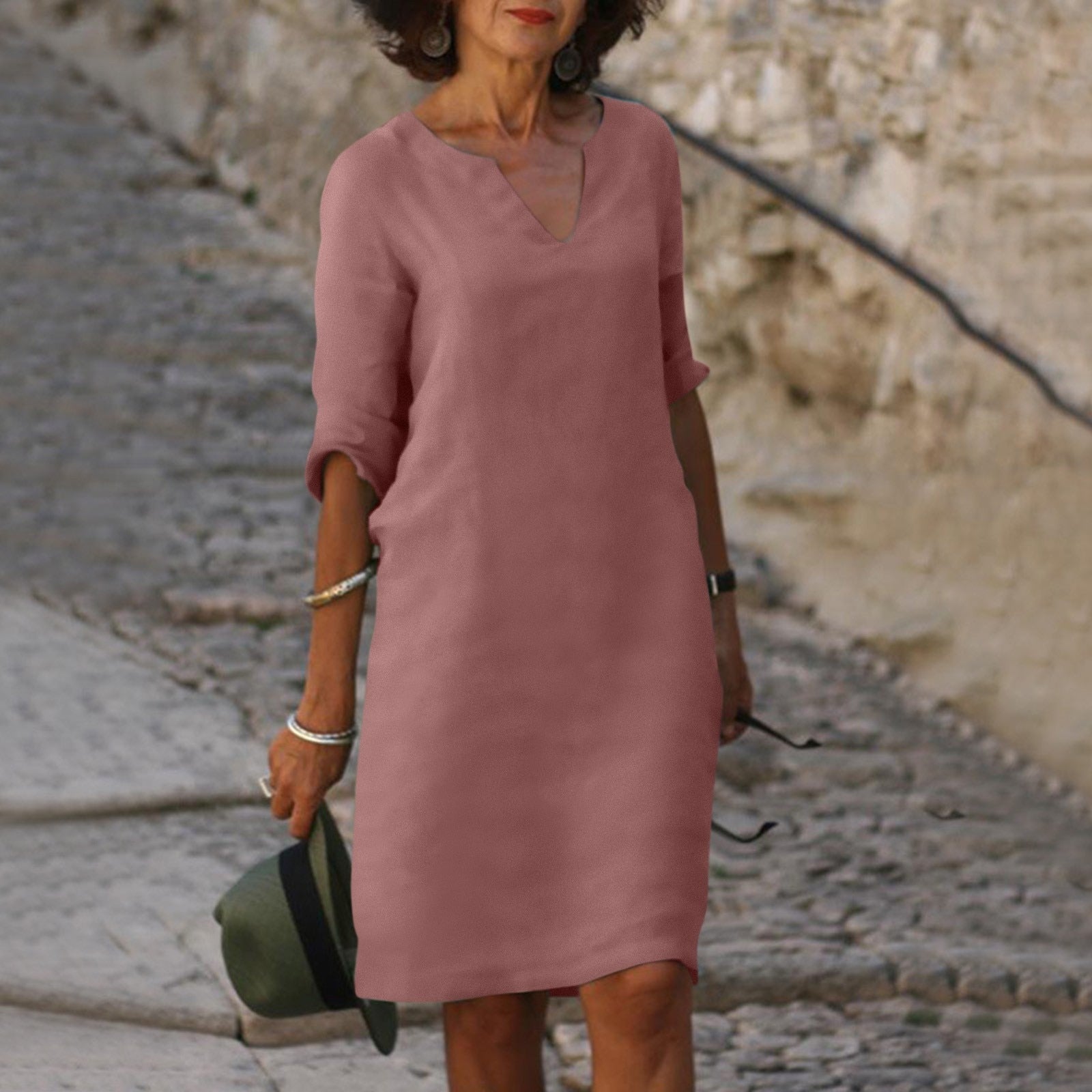 Jessica - Women's Split-Neck Linen Shift Dress with 3/4 Sleeves
