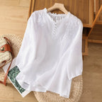 Theresa - Floral Embroidered Drop Shoulder Linen Blend Blouse