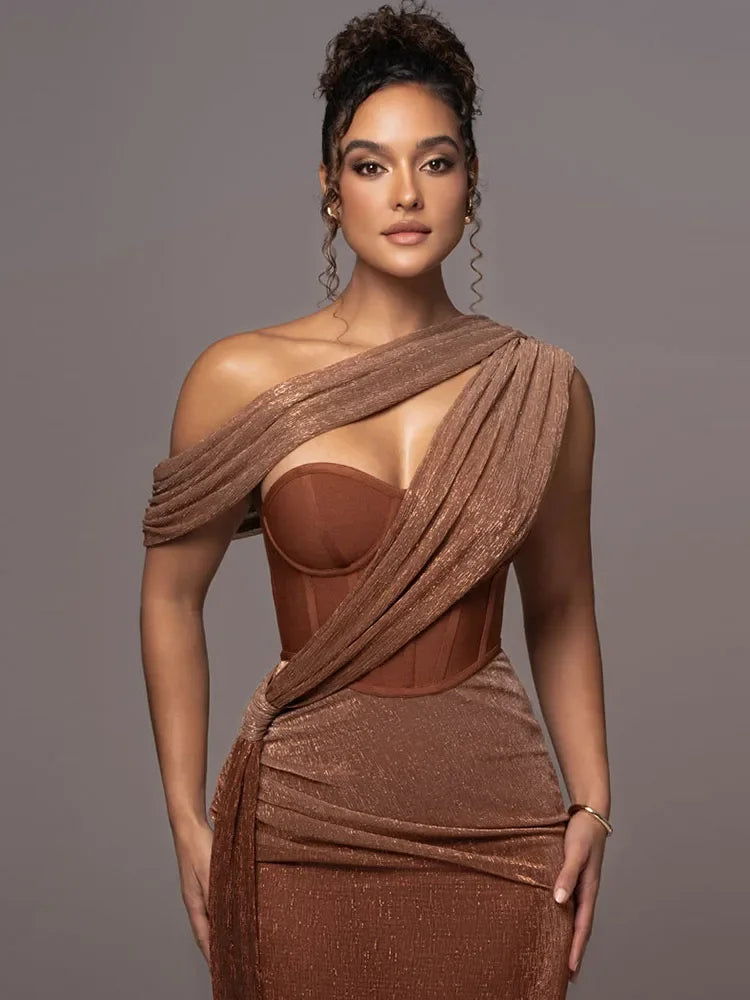 Carolyn - Women's One Shoulder Cutout Draped Bodycon Maxi Dress