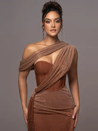 Carolyn - Women's One Shoulder Cutout Draped Bodycon Maxi Dress