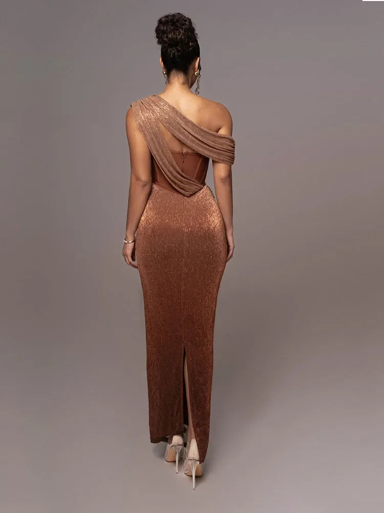 Carolyn - Women's One Shoulder Cutout Draped Bodycon Maxi Dress