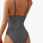 Women’s Deep V-Neck One-Piece Swimsuit – High Leg Striped Bathing Suit