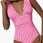 Women’s Striped One-Piece Swimsuit – Scoop Neck Bathing Suit with Wide Straps