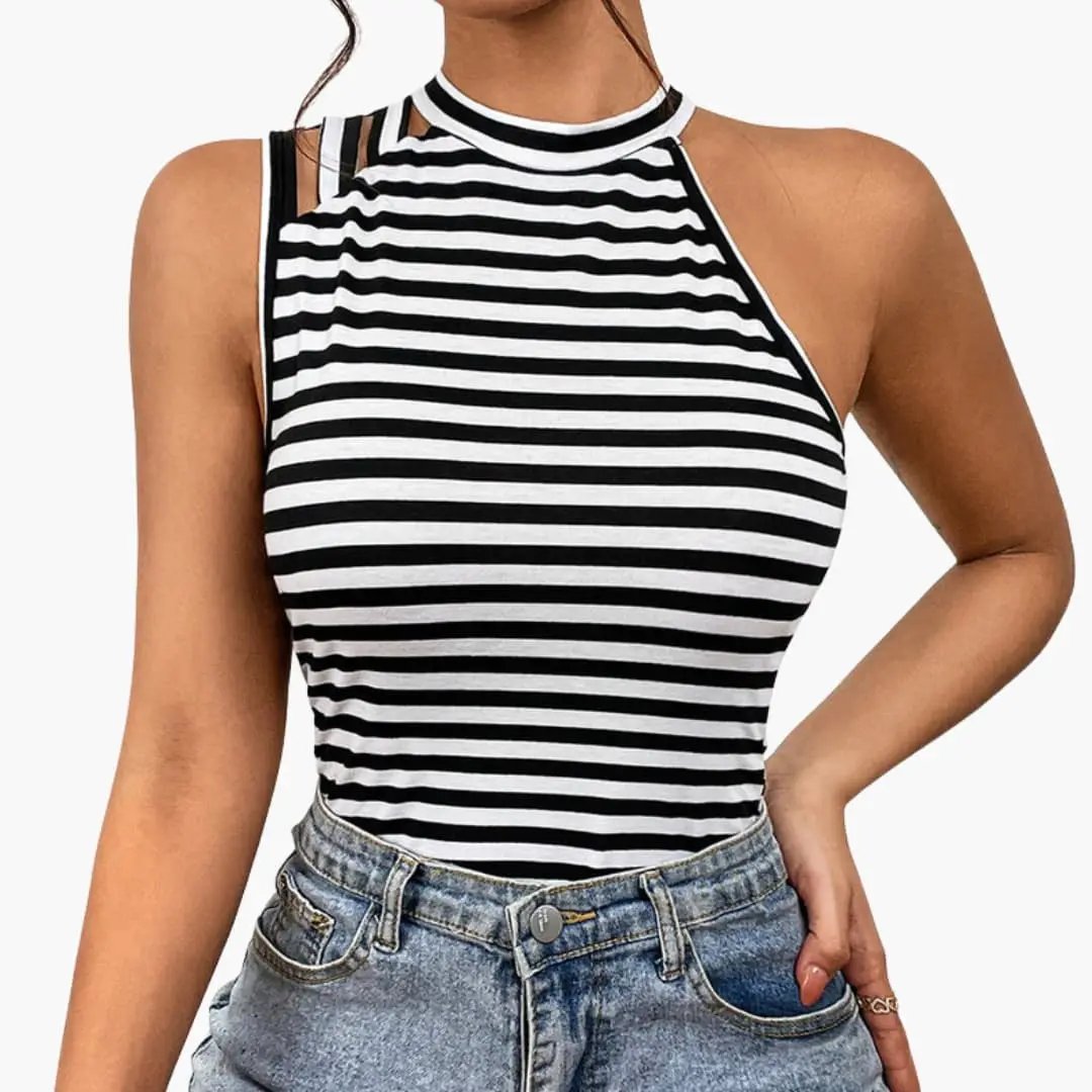 Women's Striped Top with Stand Collar and Half Sleeves
