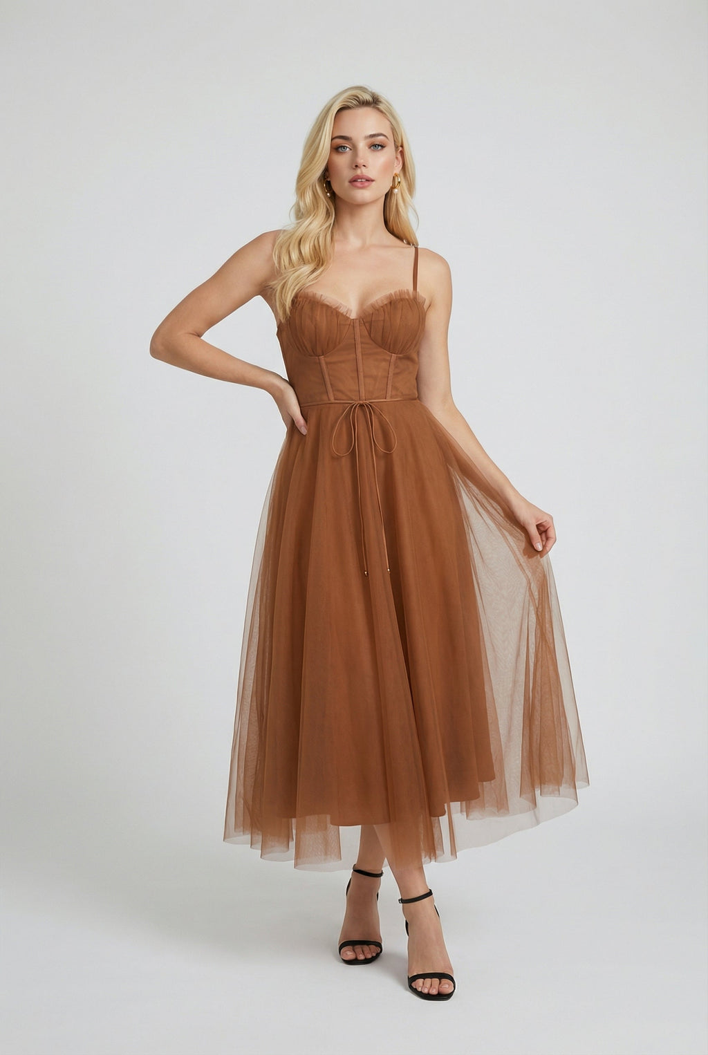 Women's Rust Chiffon Midi Dress with Corset Bodice & Ruffle Trim - Premium Quality, Fast Shipping
