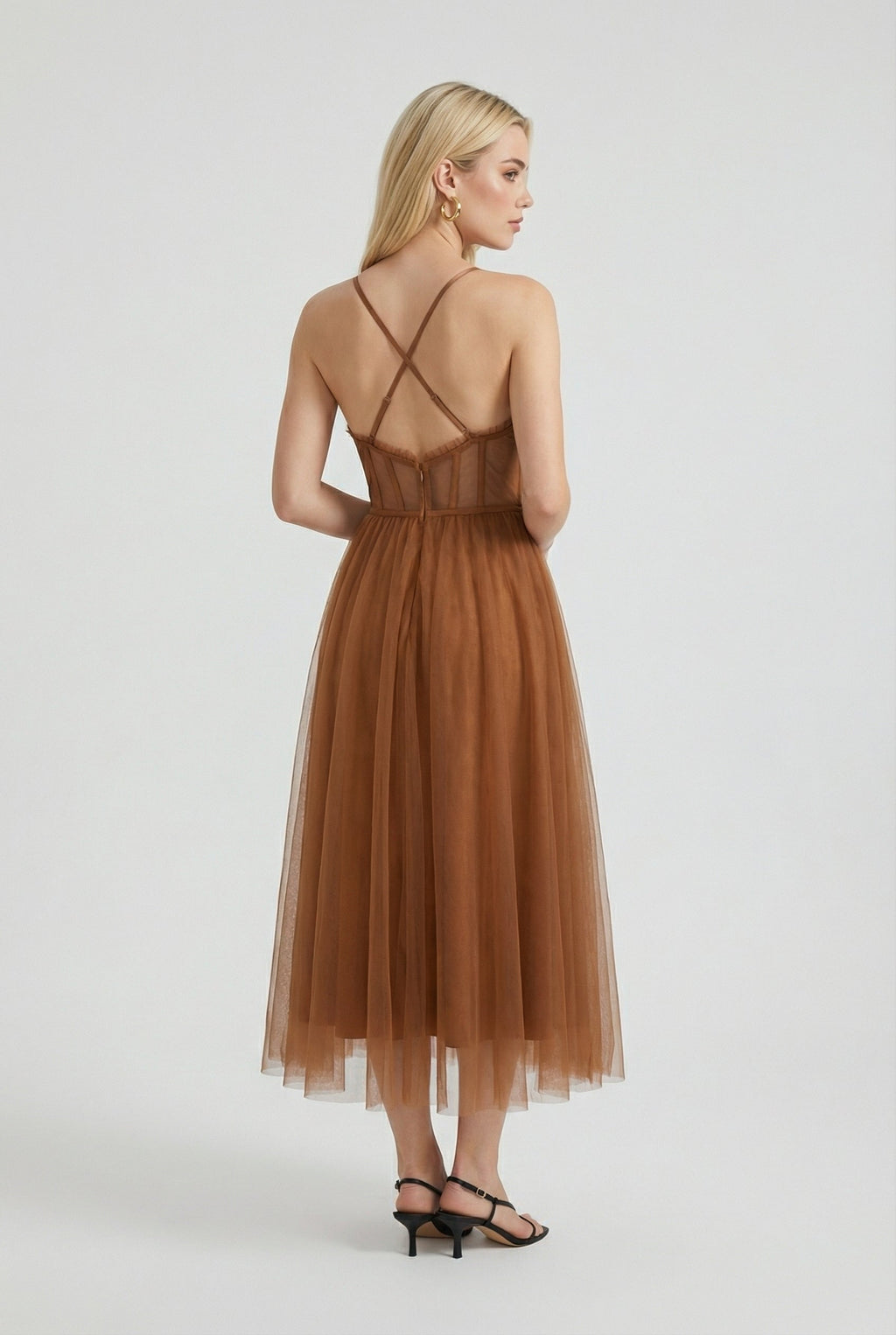 Women's Rust Chiffon Midi Dress with Corset Bodice & Ruffle Trim - Premium Quality, Fast Shipping