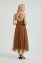 Women's Rust Chiffon Midi Dress with Corset Bodice & Ruffle Trim - Premium Quality, Fast Shipping